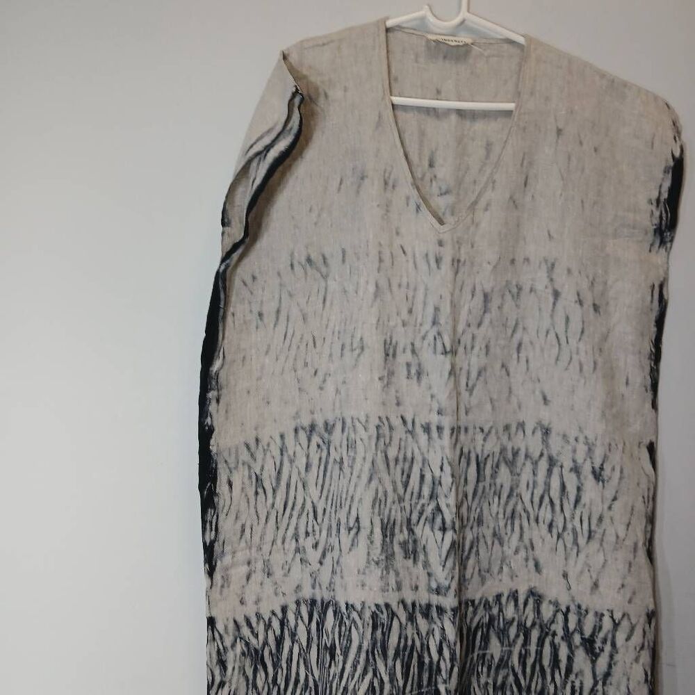 Launderette womens xl long dress maxi kaftan 100% linen art wear beige black - Picture 3 of 8